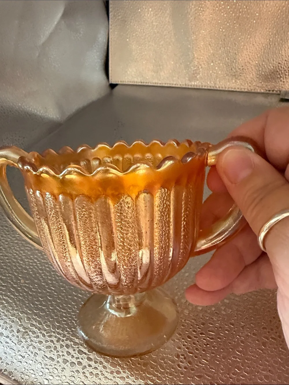Vintage “Striped Rays” Carnival Glass sugar and creamer set.